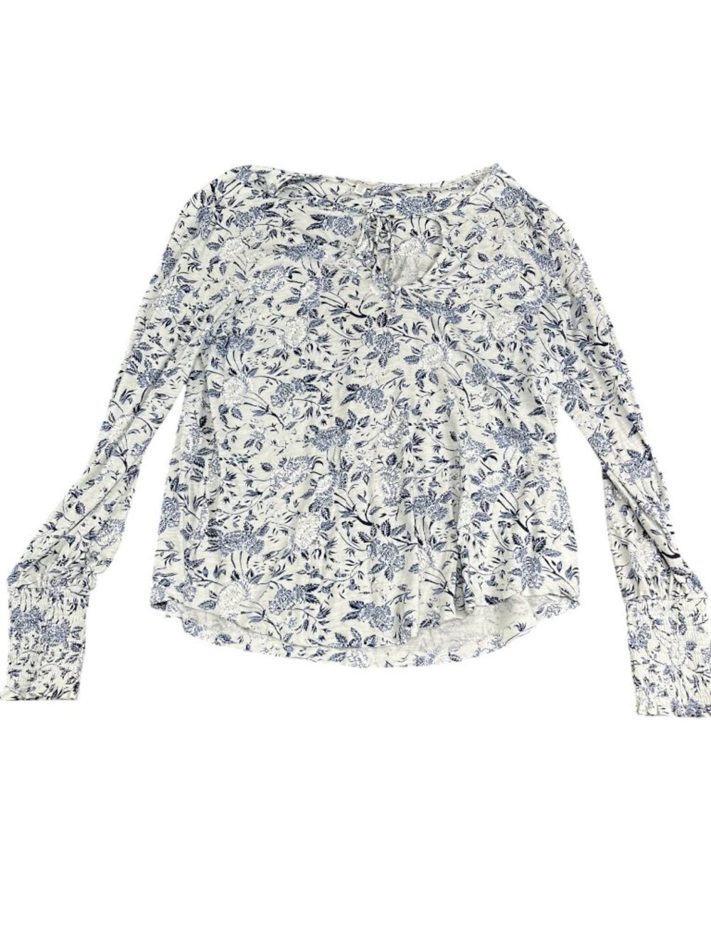 Lucky Brand Floral Print Long Sleeve Blouse Womens M White & Blue Boho Style